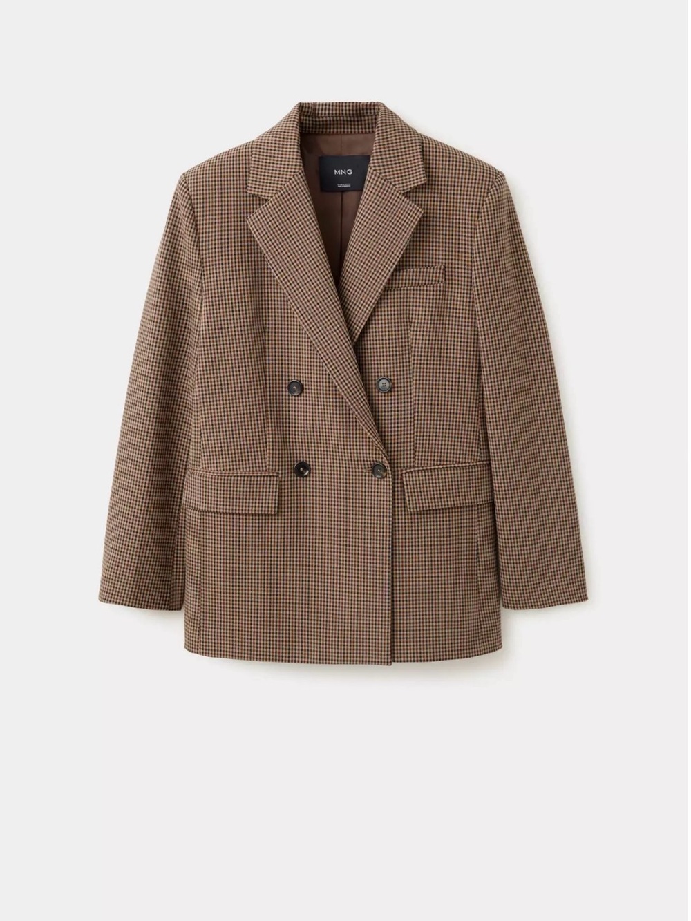 Mango MNG Check Plaid Double Breasted Blazer Tobacco Brown L